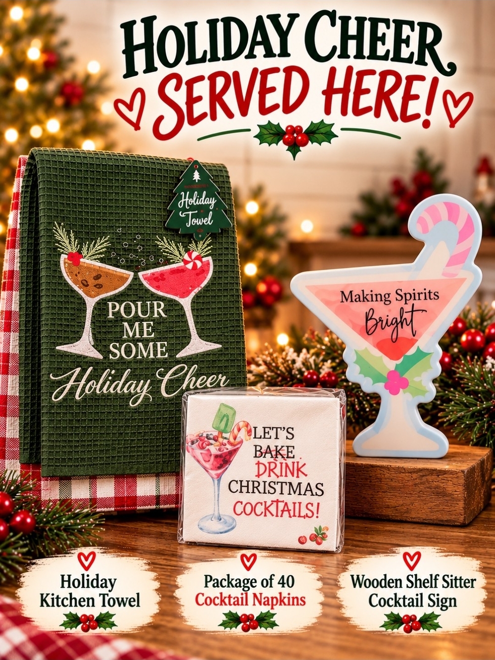Holiday Cheer Green Kitchen Towel Set - Holiday Home Décor
